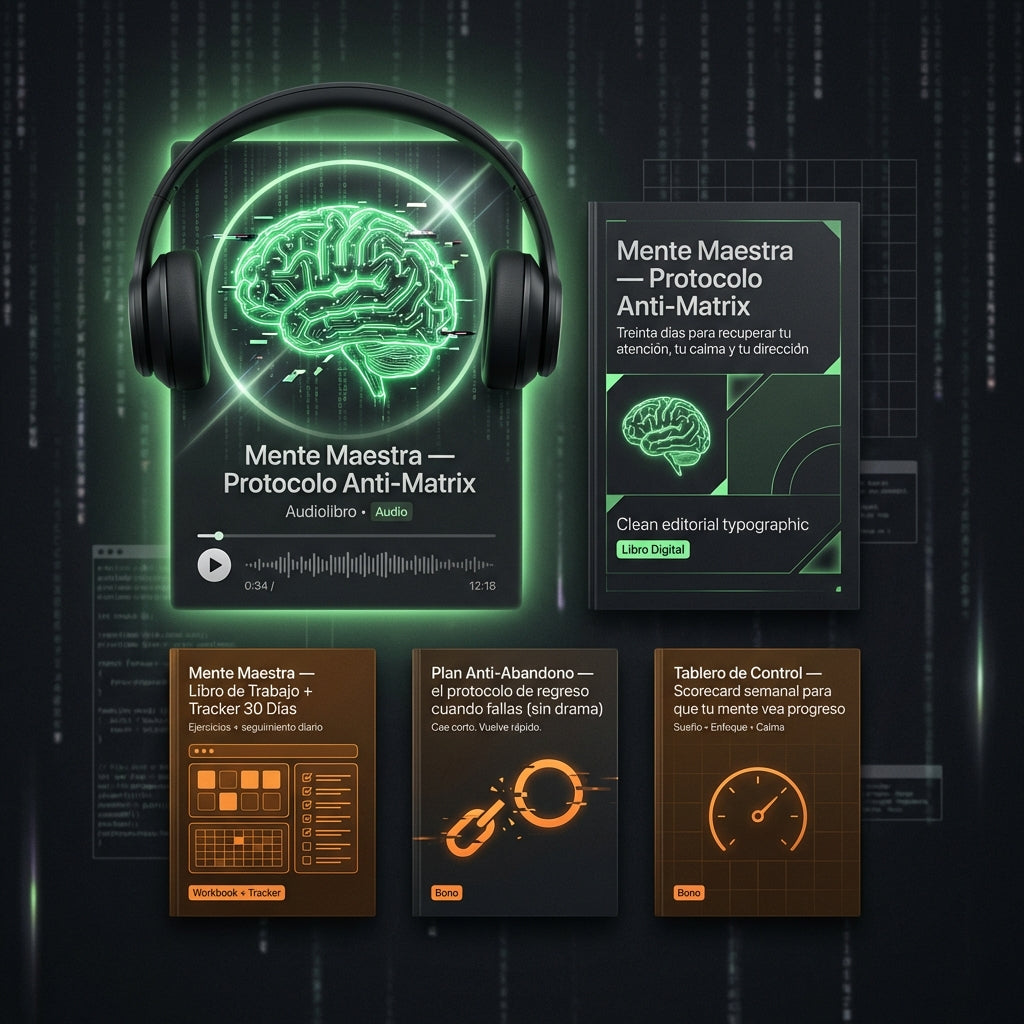 (OFERTA SOLO POR 48 HRS) Pack Esencial Mente Maestra Anti‑Matrix 30 Días Audio y Digital con Libro de Trabajo Tracker y Plan Anti‑Abandono