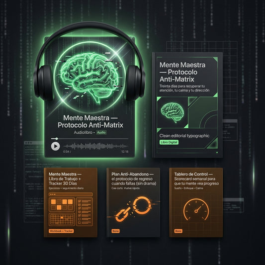 (OFERTA SOLO POR 48 HRS) Pack Esencial Mente Maestra Anti‑Matrix 30 Días Audio y Digital con Libro de Trabajo Tracker y Plan Anti‑Abandono